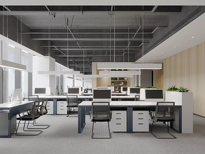 Modern Public Office Space With Work Desks Ergonomic Chairs Computers And Natural Light 3d model