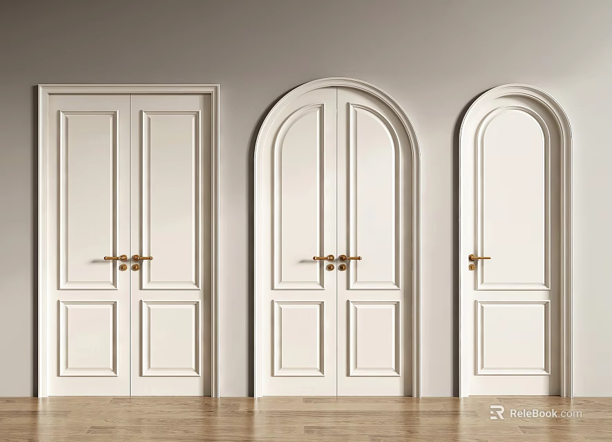 White Double Doors With Golden Handles Arched And Square Frames On Wooden Floor 3d model 