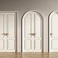 White Double Doors With Golden Handles Arched And Square Frames On Wooden Floor
