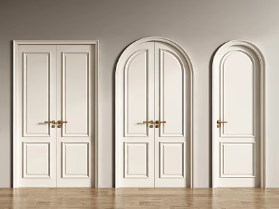 White Double Doors With Golden Handles Arched And Square Frames On Wooden Floor 3d model