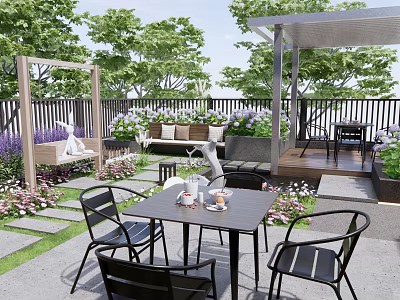 Modern Garden Patio Design With Outdoor Table Chairs Lush Plants Flowers And Pergola 3d model