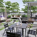 Modern Garden Patio Design With Outdoor Table Chairs Lush Plants Flowers And Pergola