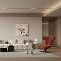 Modern Living Room Interior With Beige Sofa Red Cushions Black Coffee Table And Floral Painting