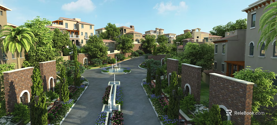 Residential Garden Landscape With Curved Driveway Lush Trees Decorative Flower Beds Fountain And Houses 3d model 