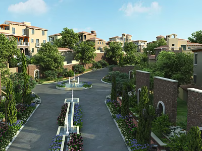 Residential Garden Landscape With Curved Driveway Lush Trees Decorative Flower Beds Fountain And Houses 3d model