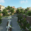 Residential Garden Landscape With Curved Driveway Lush Trees Decorative Flower Beds Fountain And Houses