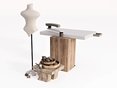 Fashion Mannequin Display With Ironing Board Sewing Tools And Spools In Wooden Bucket 3d model