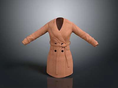 Classic Brown Long Coat with Belted Design and Buttoned Front Detail 3d model