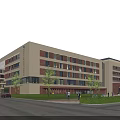 Modern School Building Exterior With White Red Brick Facade Large Windows Green Lawns And Trees