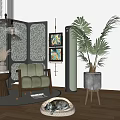 Green Velvet Accent Chair with Wooden Arms Decorative Wall Artwork and Side Table in Interior