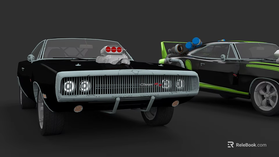 Custom Black Classic Car With Front Grille Headlights And Green Stripe Roof Blue Accessories 3d model 