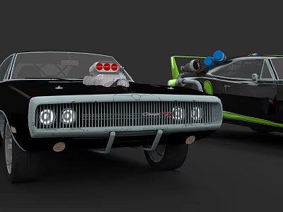 Custom Black Classic Car With Front Grille Headlights And Green Stripe Roof Blue Accessories 3d model