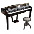 Modern Black Electronic Piano With Keyboard Display Screen And Striped Seat Stool