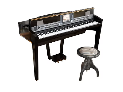 Modern Black Electronic Piano With Keyboard Display Screen And Striped Seat Stool 3d model