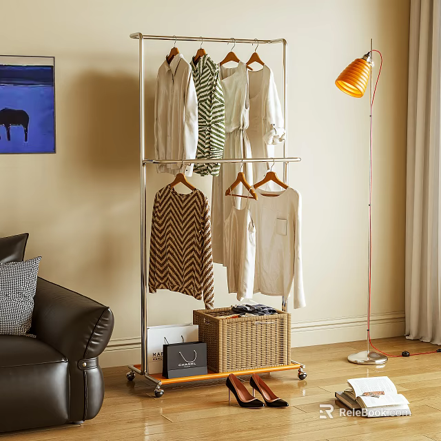 Metal Wheeled Clothes Rack with Hanging Clothes and Storage Basket in Living Room 3d model 