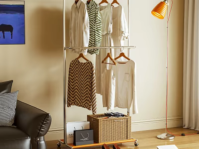 Metal Wheeled Clothes Rack with Hanging Clothes and Storage Basket in Living Room 3d model