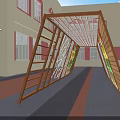 Colorful Playground Equipment With Spider Web Climbing Net And Rings By Wooden Fence Near School Building