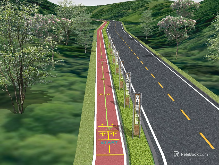 Municipal Road With Bicycle Lane Green Vegetation And Trees 3d model 