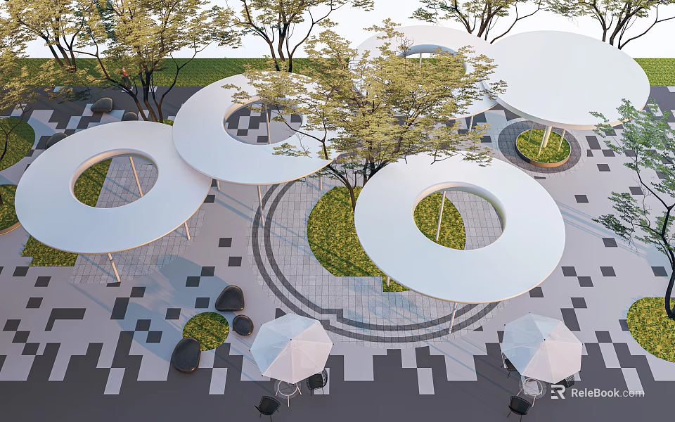 Park Landscape With Circular Structures Trees Geometric Pavement And Seating With Umbrellas 3d model