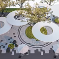 Park Landscape With Circular Structures Trees Geometric Pavement And Seating With Umbrellas 3d model