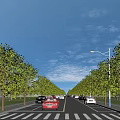 Municipal Road Scene With Green Trees Street Lamps And Moving Vehicles Under Blue Sky