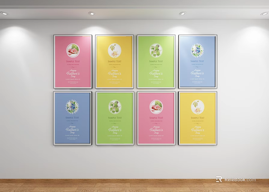 Eight Abstract Paintings with Colorful Frames on White Wall Decorative Art 3d model 