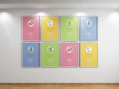 Eight Abstract Paintings with Colorful Frames on White Wall Decorative Art 3d model