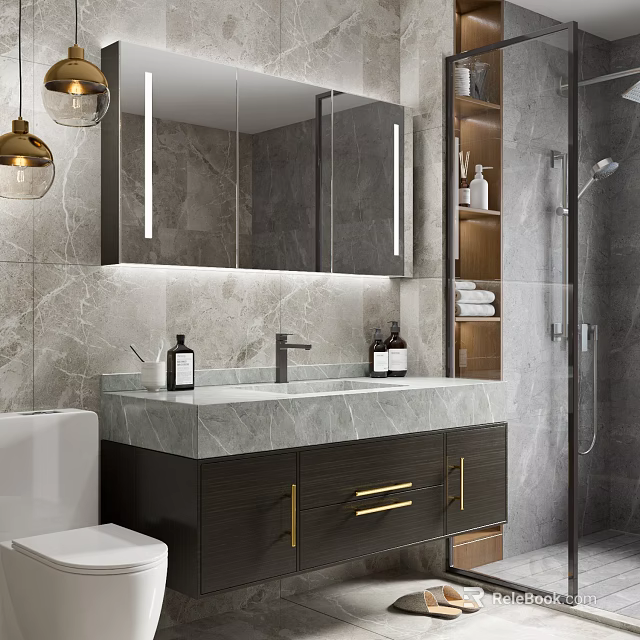 Modern Light Luxury Bathroom With Marble Vanity Illuminated Mirror Cabinet And Glass Shower Enclosure 3d model 