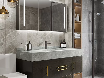 Modern Light Luxury Bathroom With Marble Vanity Illuminated Mirror Cabinet And Glass Shower Enclosure 3d model