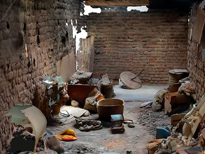 Dilapidated Brick Walls In Trash Filled Alley With Debris And Old Items 3d model