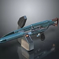 Futuristic Teal Metallic Weapon With Long Barrel Design And Brown Accents
