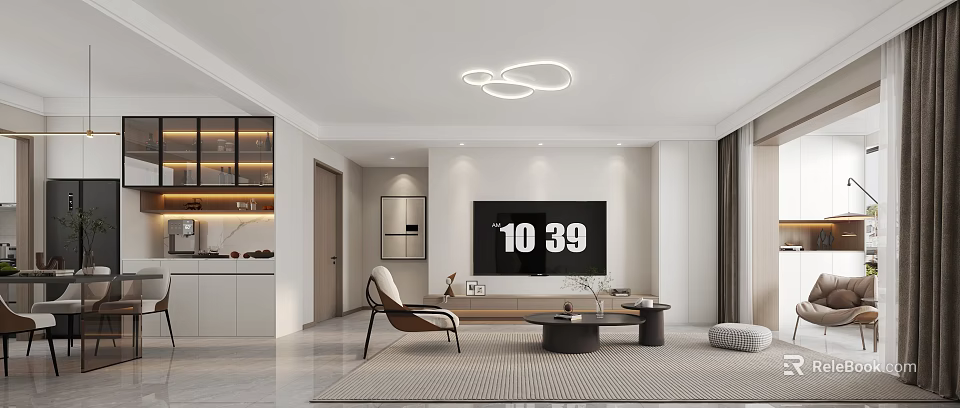 Modern Living Dining Room Interior Design With Circular Lights TV Accent Chair Coffee Table Rug 3d model 