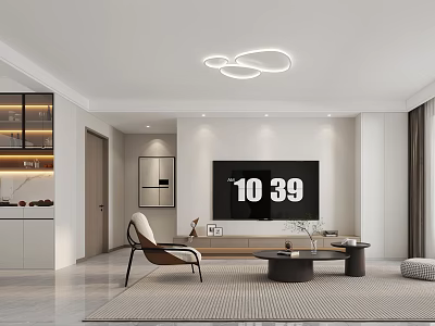 Modern Living Dining Room Interior Design With Circular Lights TV Accent Chair Coffee Table Rug 3d model
