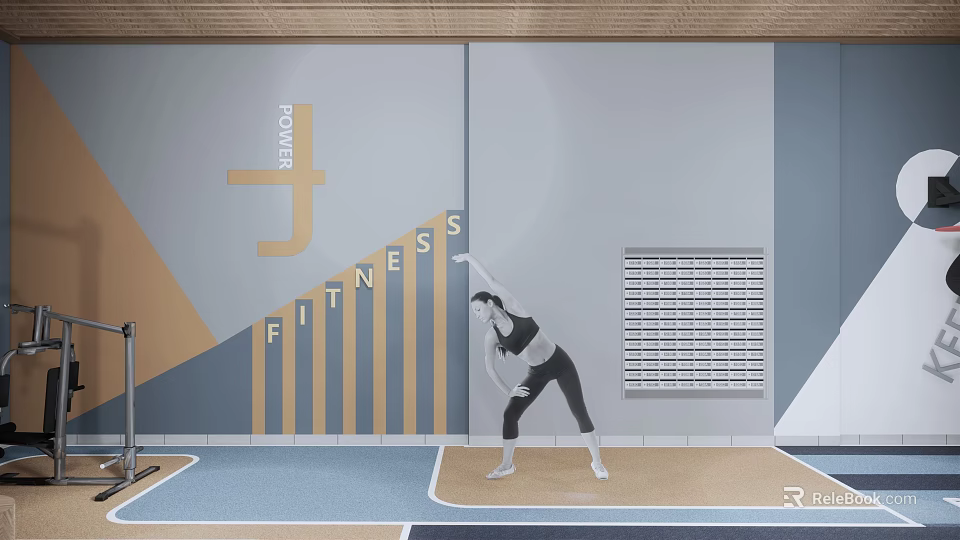 Power Fitness Studio Scene With Woman Performing Stretching Exercise And Wall Design Elements 3d model 
