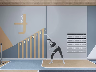 Power Fitness Studio Scene With Woman Performing Stretching Exercise And Wall Design Elements 3d model