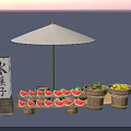 Fresh Colorful Fruit Stall Display With Watermelon Slices Lemons Cucumbers And Wooden Baskets Under Umbrella
