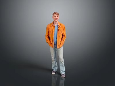A Man Standing In Gray Background Wearing Orange Jacket Blue T-shirt And Light Blue Jeans 3d model