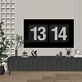 Modern TV Stand Design With Geometric Striped Wall And Decorative Items Potted Plants Clock Candles
