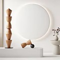 Wooden Stacked Sculpture With Display Stand And Illuminated Round Mirror In Modern Interior