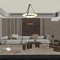 Elegant Modern Living Room Interior With Light Sofa Rug Chandelier Decorative Painting And Accent Chair