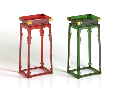 Red And Green Transparent Plant Stand With Gold Accents Square Top And Carved Legs Design 3d model