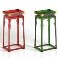 Red And Green Transparent Plant Stand With Gold Accents Square Top And Carved Legs Design