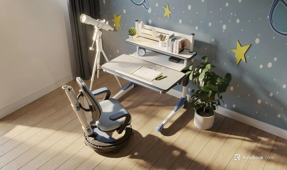 Kids Study Desk And Chair Set With Starry Wall Bookshelf And Potted Plant 3d model 
