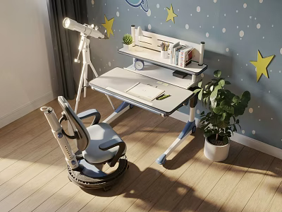Kids Study Desk And Chair Set With Starry Wall Bookshelf And Potted Plant 3d model