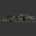 Abandoned Old Tires Stacked Together With Green Grass And Dirt Around