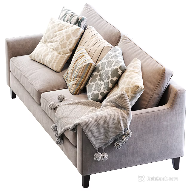 Modern Light Gray Two Seater Sofa With Patterned Cushions And Pom Pom Blanket 3d model 