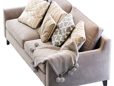 Modern Light Gray Two Seater Sofa With Patterned Cushions And Pom Pom Blanket 3d model