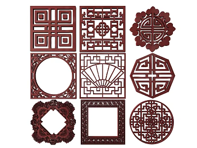 Traditional Chinese Wooden Carvings With Various Shapes Including Square Round And Octagonal Decorative Patterns 3d model