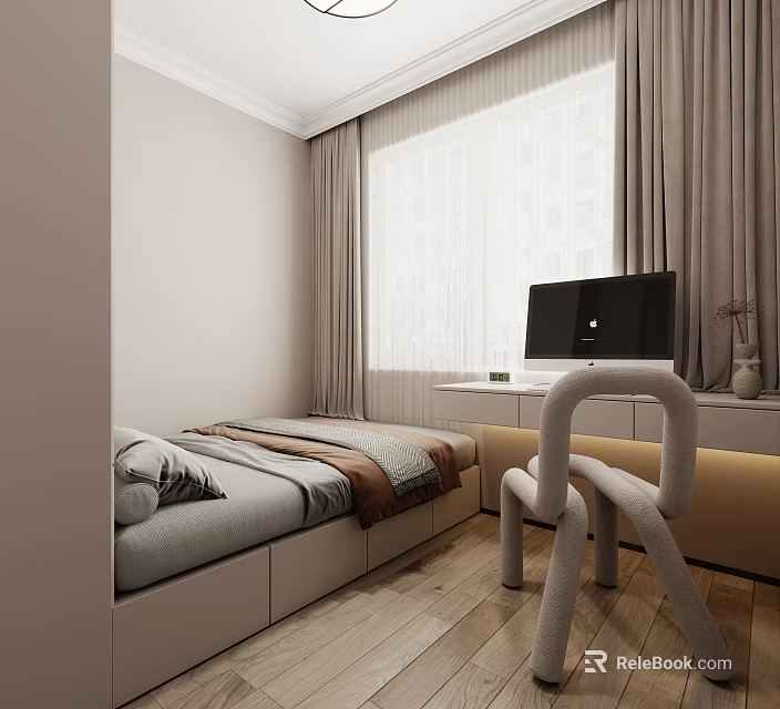 Modern Tatami Bedroom With Gray Brown Bedding TV Cabinet And Curtains 3d model 