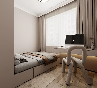 Modern Tatami Bedroom With Gray Brown Bedding TV Cabinet And Curtains 3d model